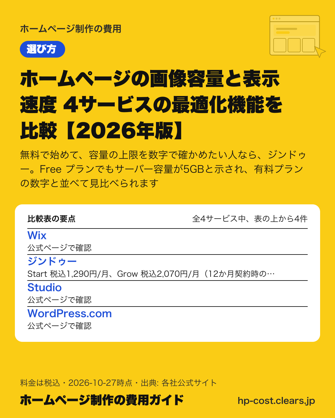 ホームページの画像容量と表示速度 4サービスの最適化機能を比較【2026年版】の比較表の要点