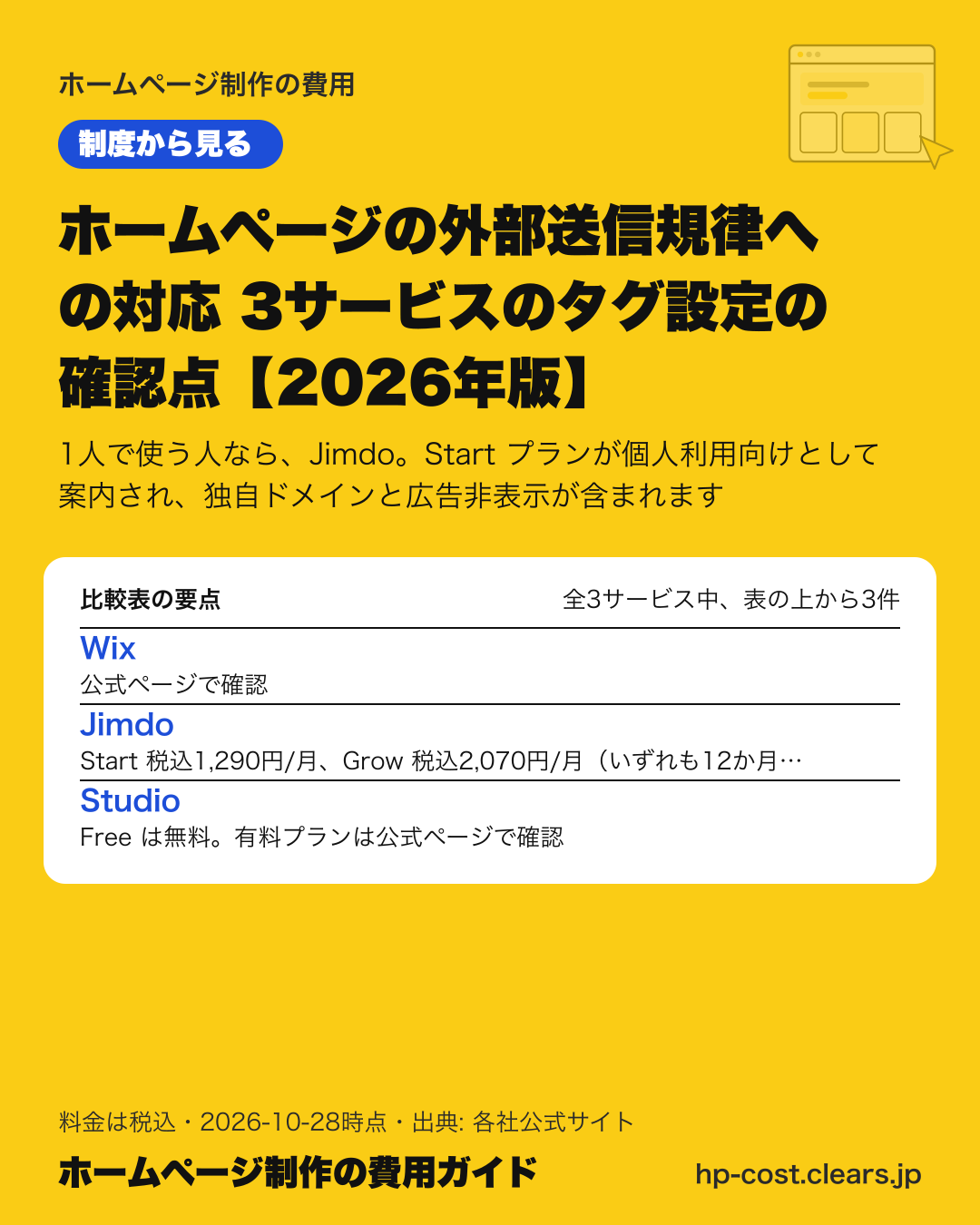 ホームページの外部送信規律への対応 3サービスのタグ設定の確認点【2026年版】の比較表の要点