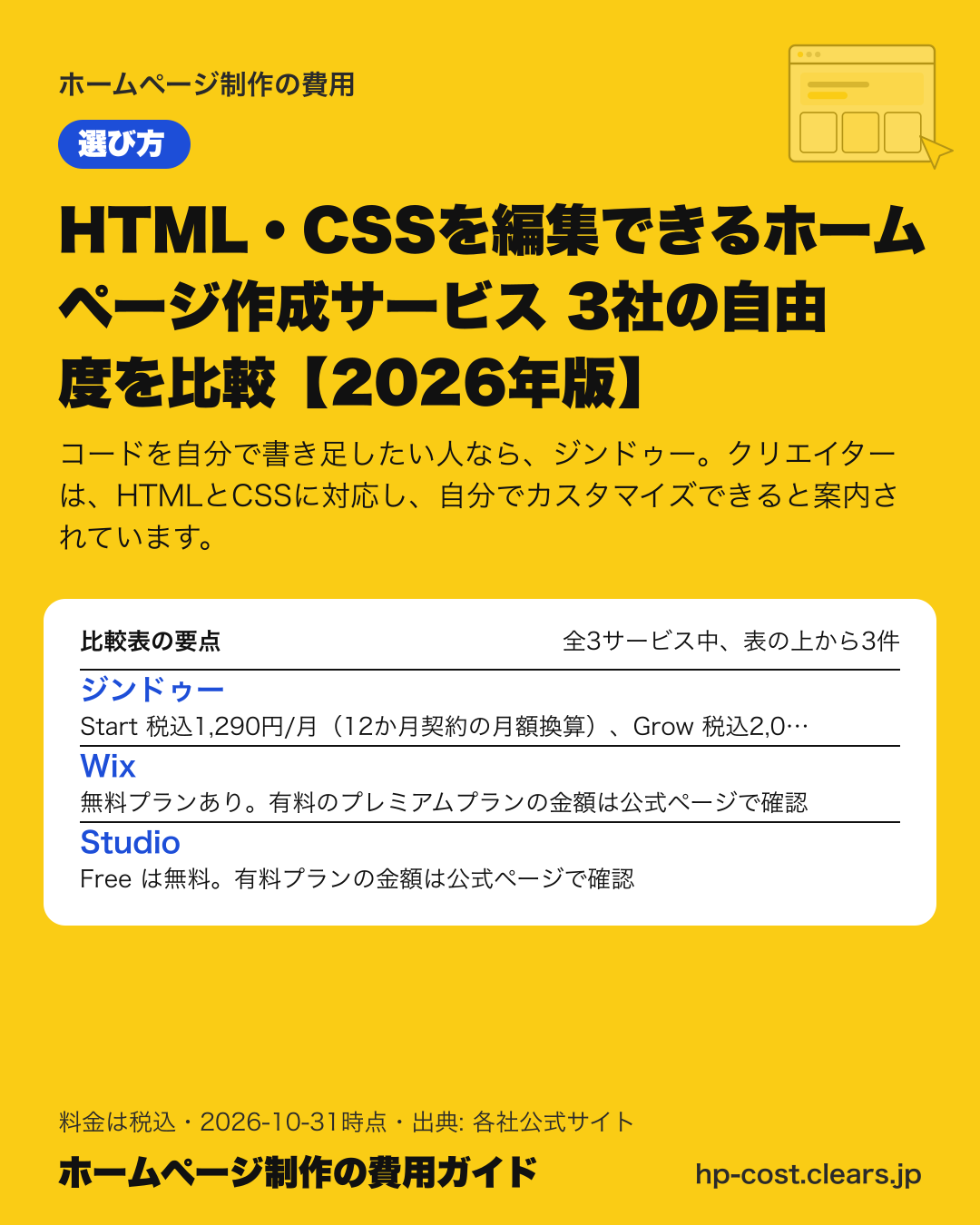 HTML・CSSを編集できるホームページ作成サービス 3社の自由度を比較【2026年版】の比較表の要点