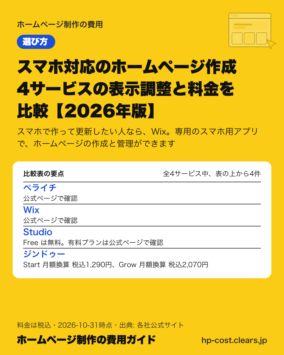 スマホ対応のホームページ作成 4サービスの表示調整と料金を比較【2026年版】の比較表の要点